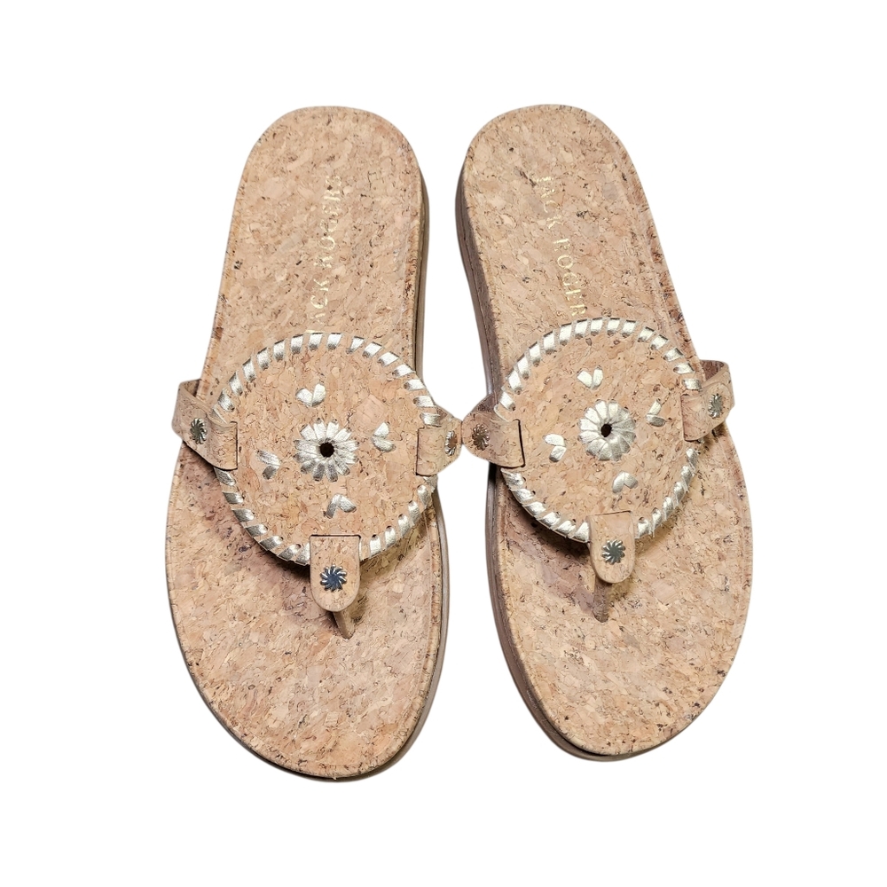 Jack Rogers Cork-Style Tan Thong Sandals with Silver Medallions